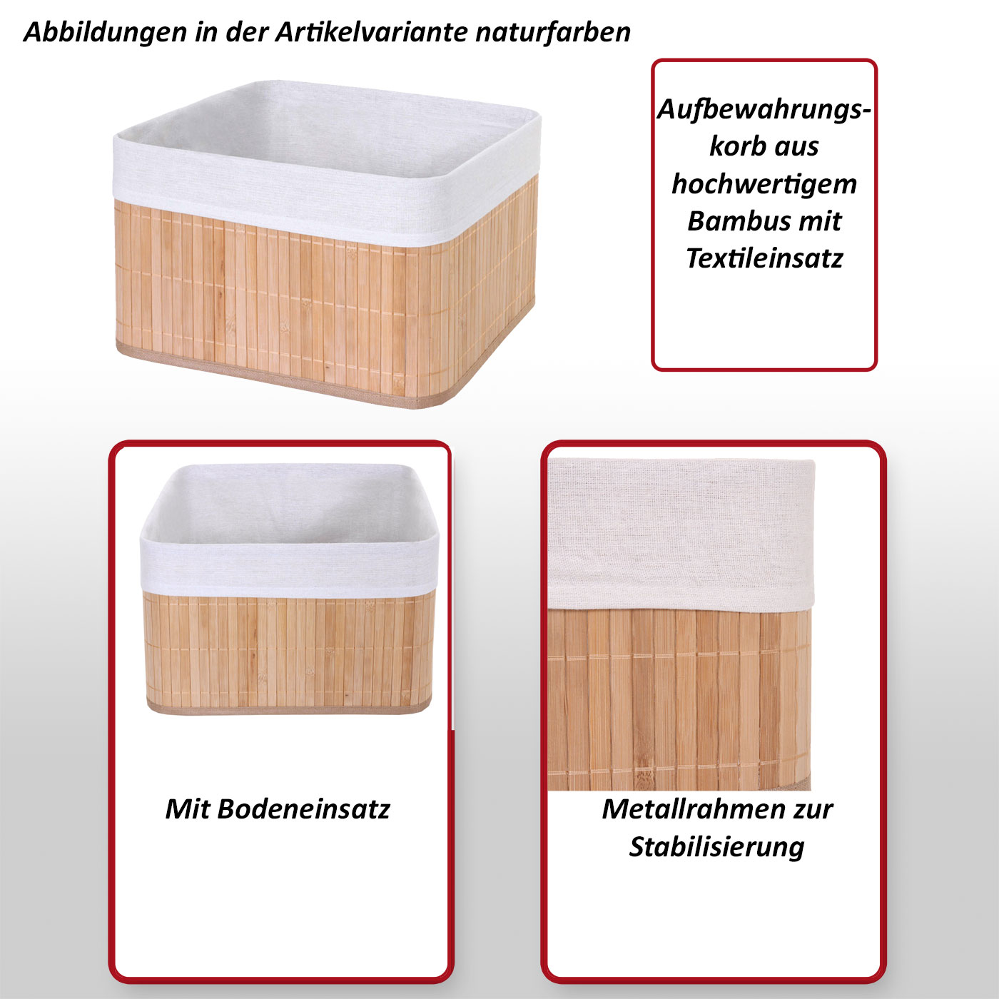 3er Set Aufbewahrungskorb HWC-C21, Korb Aufbewahrungsbox Ordnungsbox  Sortierbox Regalkorb, Bambus ~ naturfarben von Heute-Wohnen