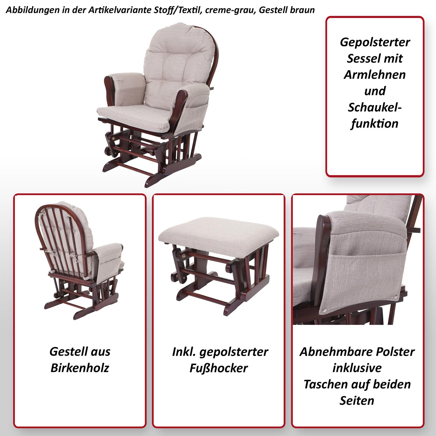 Relaxsessel HWC-C76, Schaukelstuhl Sessel Schwingstuhl mit Hocker ~  Stoff/Textil, creme-grau, Gestell braun von Heute-Wohnen