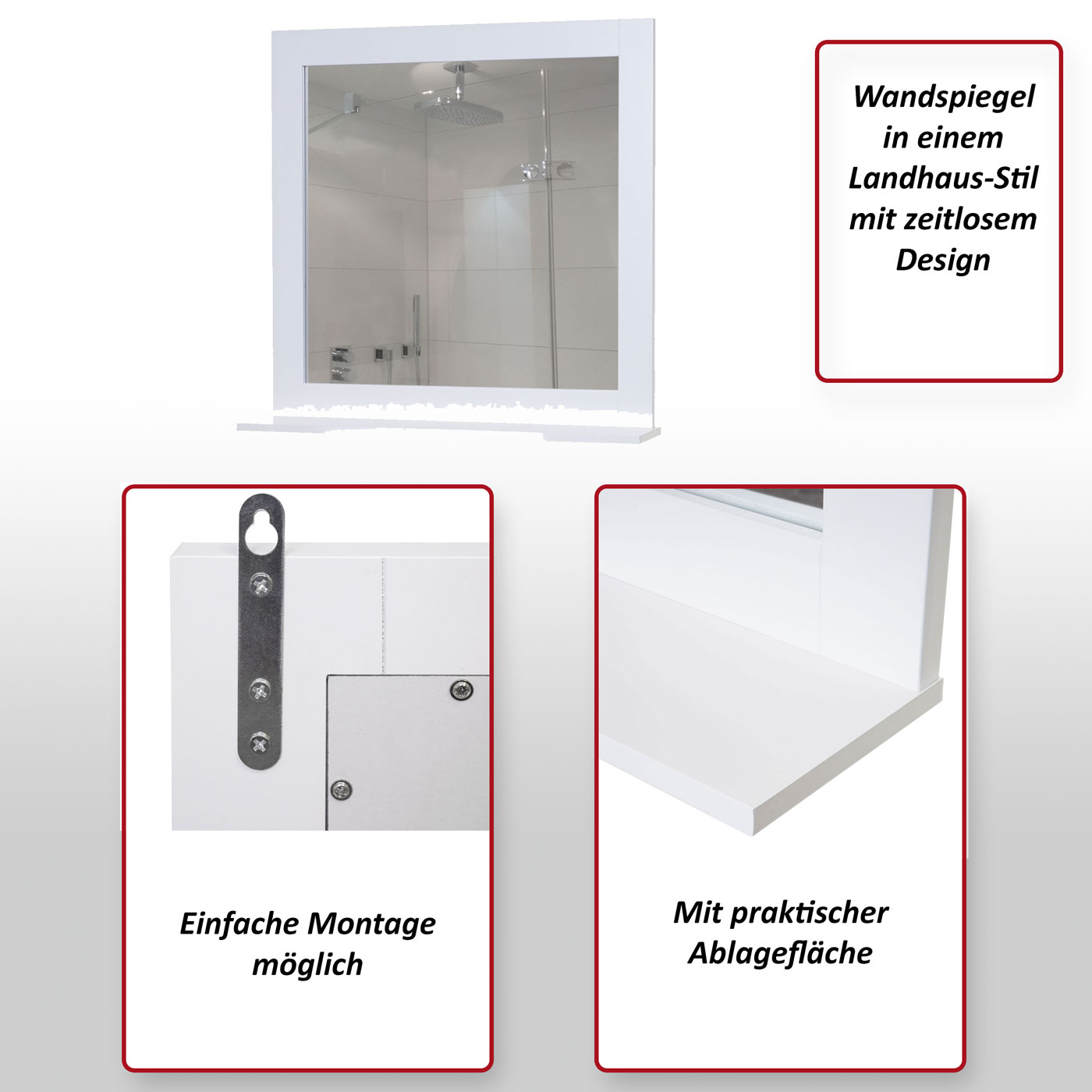 Wandspiegel HWC-F75, Badezimmer Badspiegel Spiegel, Ablagefläche