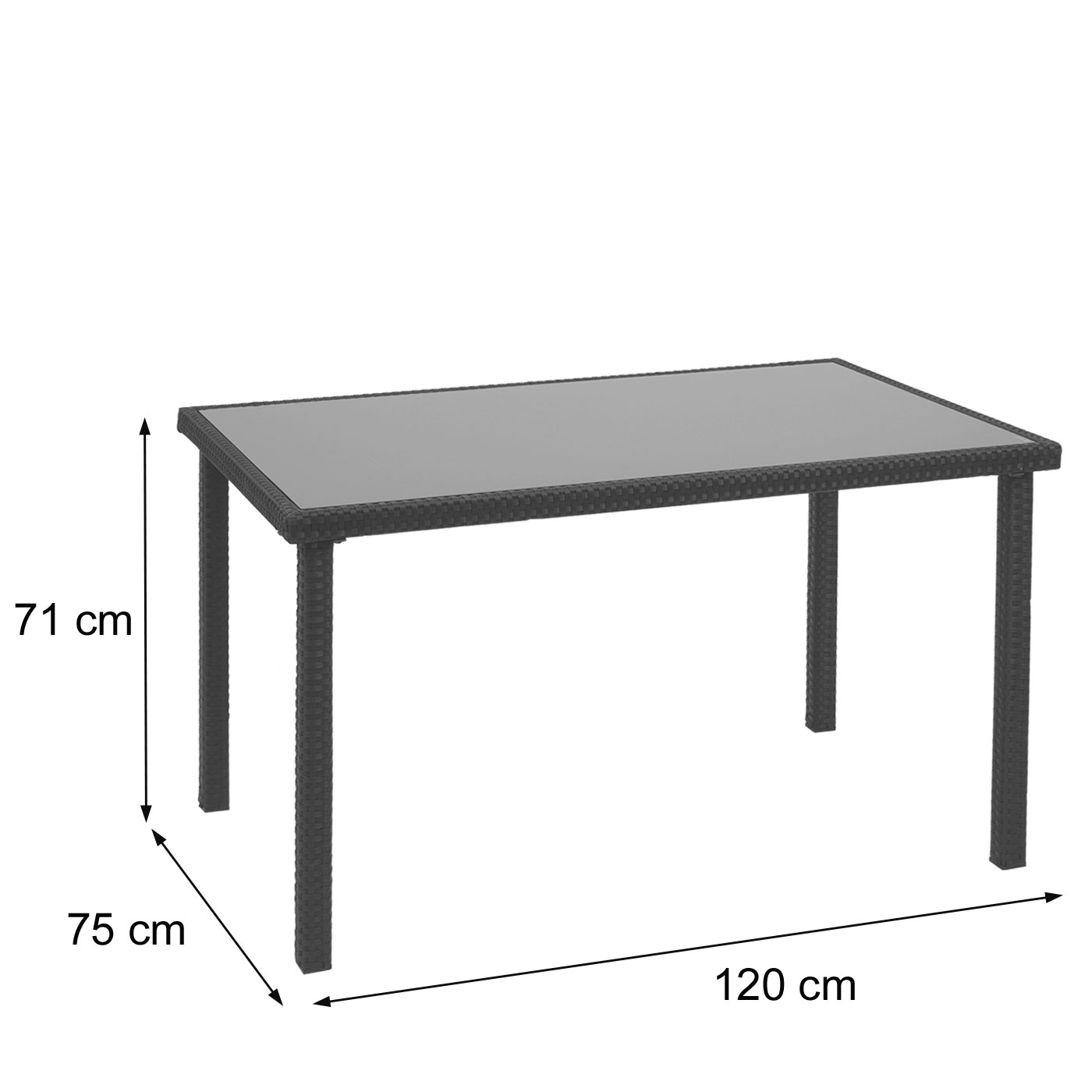 Poly-Rattan Garnitur HWC-G19 Set Bemaßungsbild Tisch