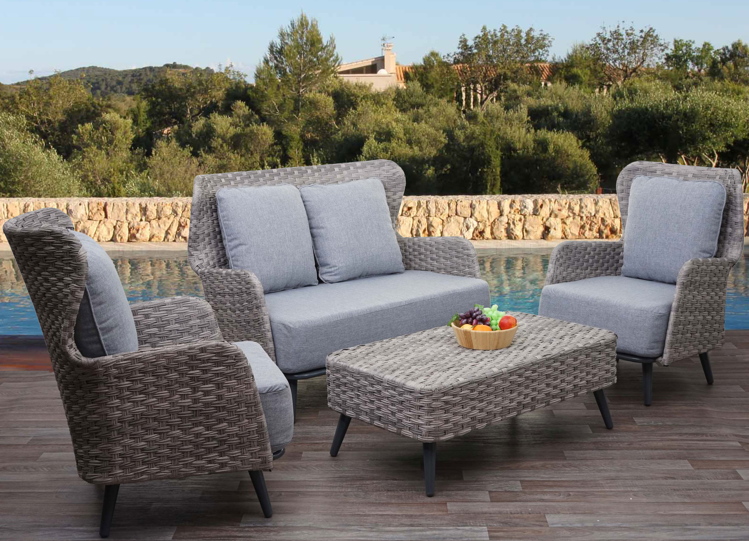 Salottino da esterno HWC-G53 polyrattan 2x poltrone divanetto tavolino  cuscini