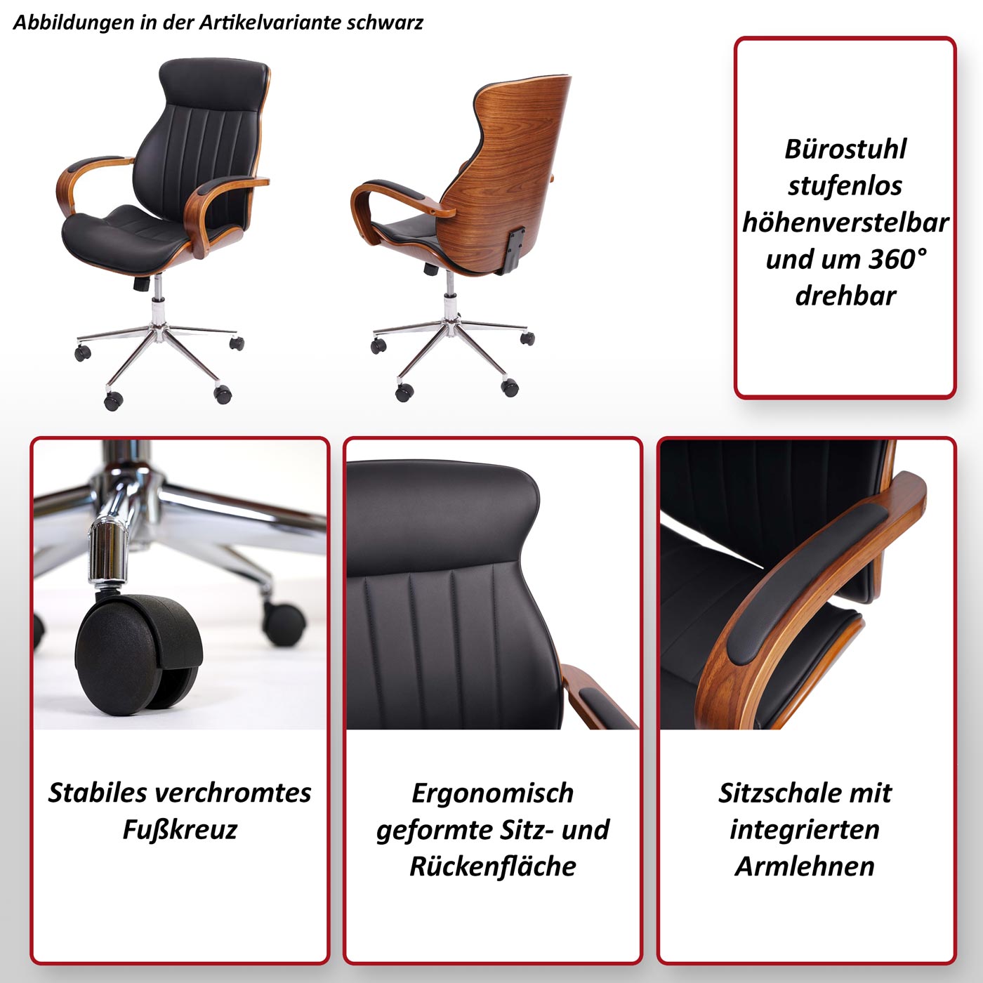 Bürostuhl HWC-A57, Schreibtischstuhl Drehstuhl, Voll-Leder + Kunstleder  Edelstahl ISO9001 ~ schwarz von Heute-Wohnen