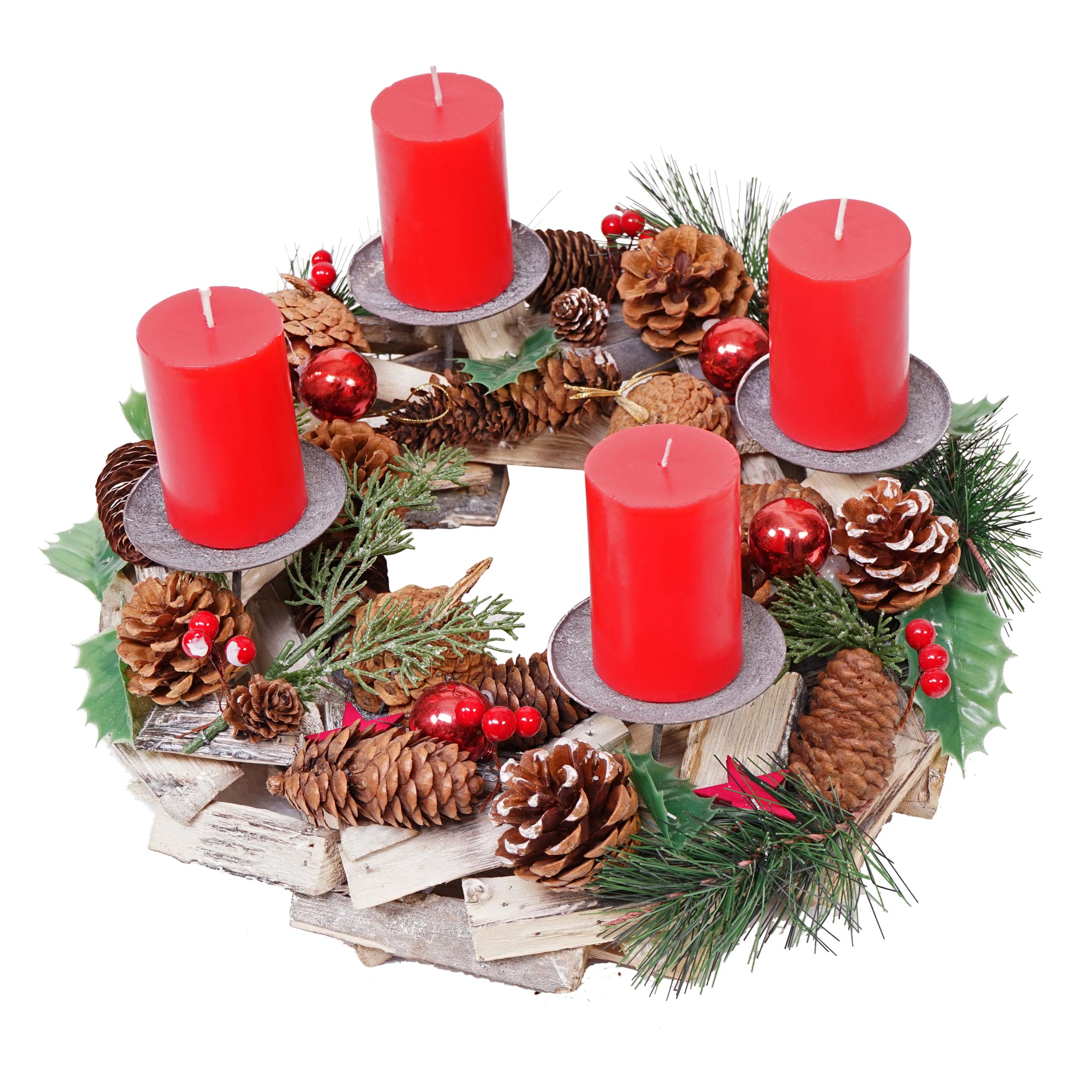 Adventskranz HWC-H49, Weihnachtsdeko Adventsgesteck Weihnachtsgesteck, Holz  rund Ø 33cm ~ inkl. 4x Kerzen rot von Heute-Wohnen