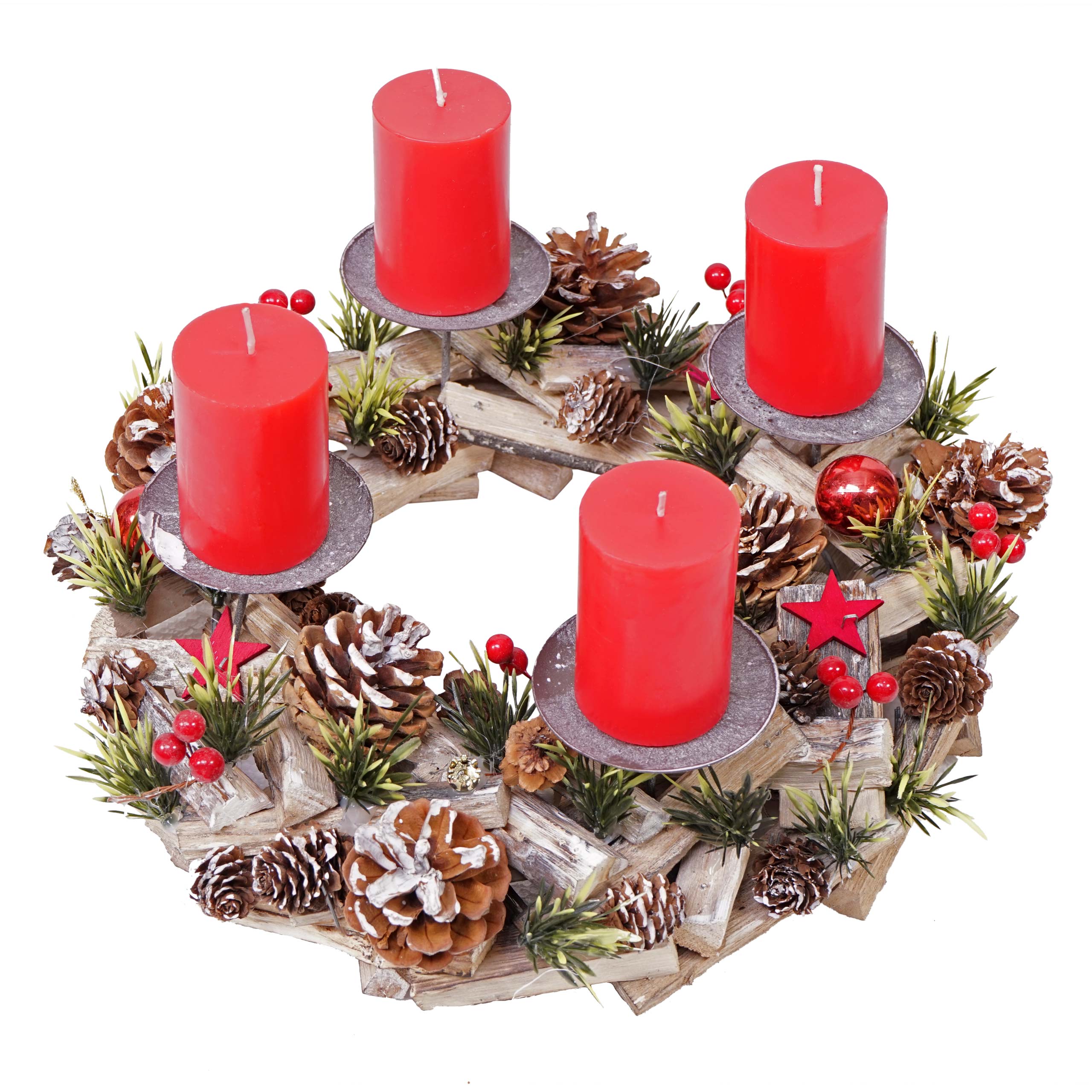 Adventskranz HWC-H50, Weihnachtsdeko Adventsgesteck Weihnachtsgesteck, Holz  rund Ø 33cm ~ inkl. 4x Kerzen rot von Heute-Wohnen