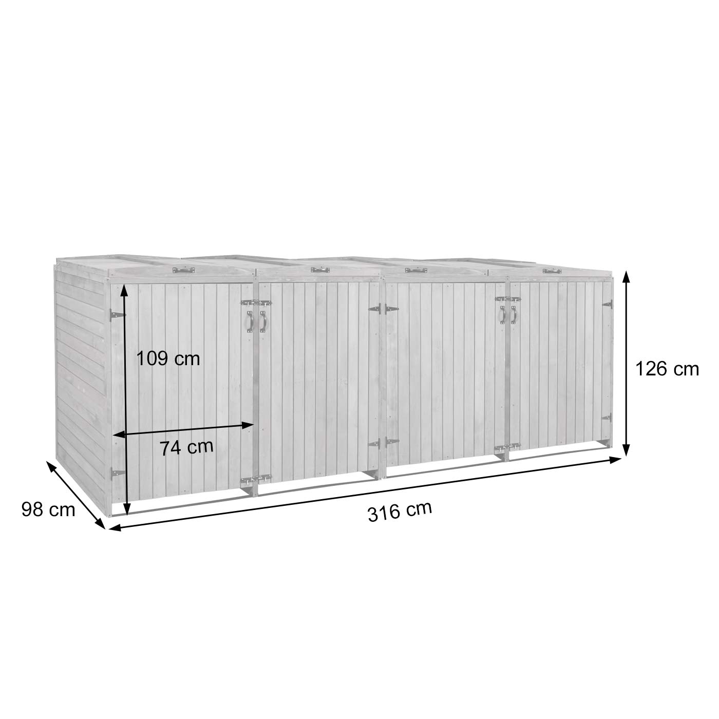 XL 4er-/8er-Mülltonnenverkleidung HWC-H74 Bemassungsbild