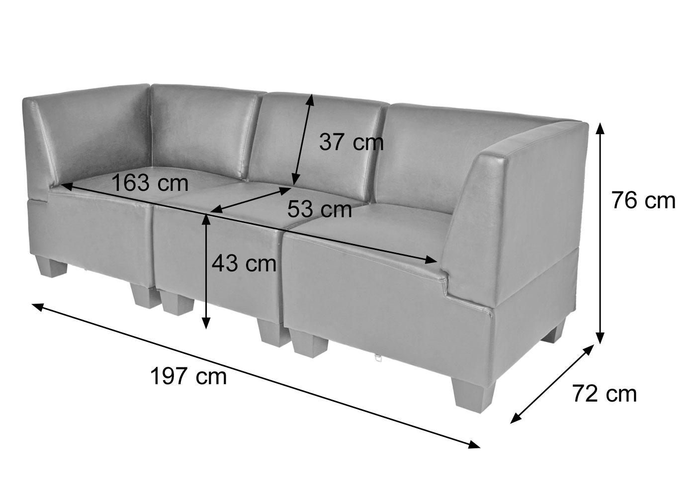 Modular 3-Sitzer Sofa Couch Lyon Bemaßungsbild