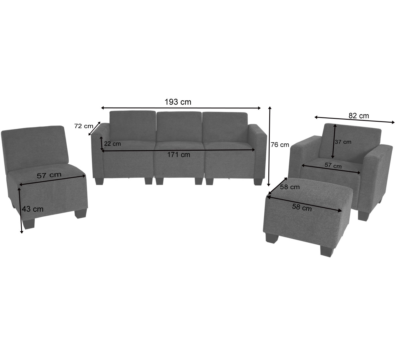 Modular Sofa-System Couch-Garnitur Lyon 4-1-1 4-Sitzer Bemaßungsbild