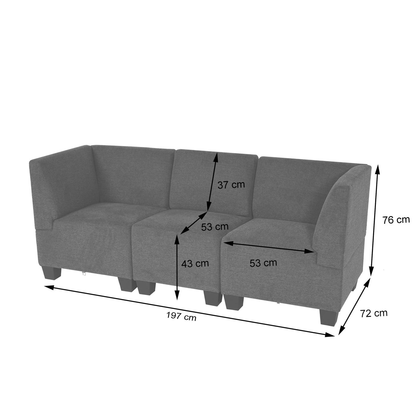 Modular 3-Sitzer Sofa Couch Lyon Bemassungsbild