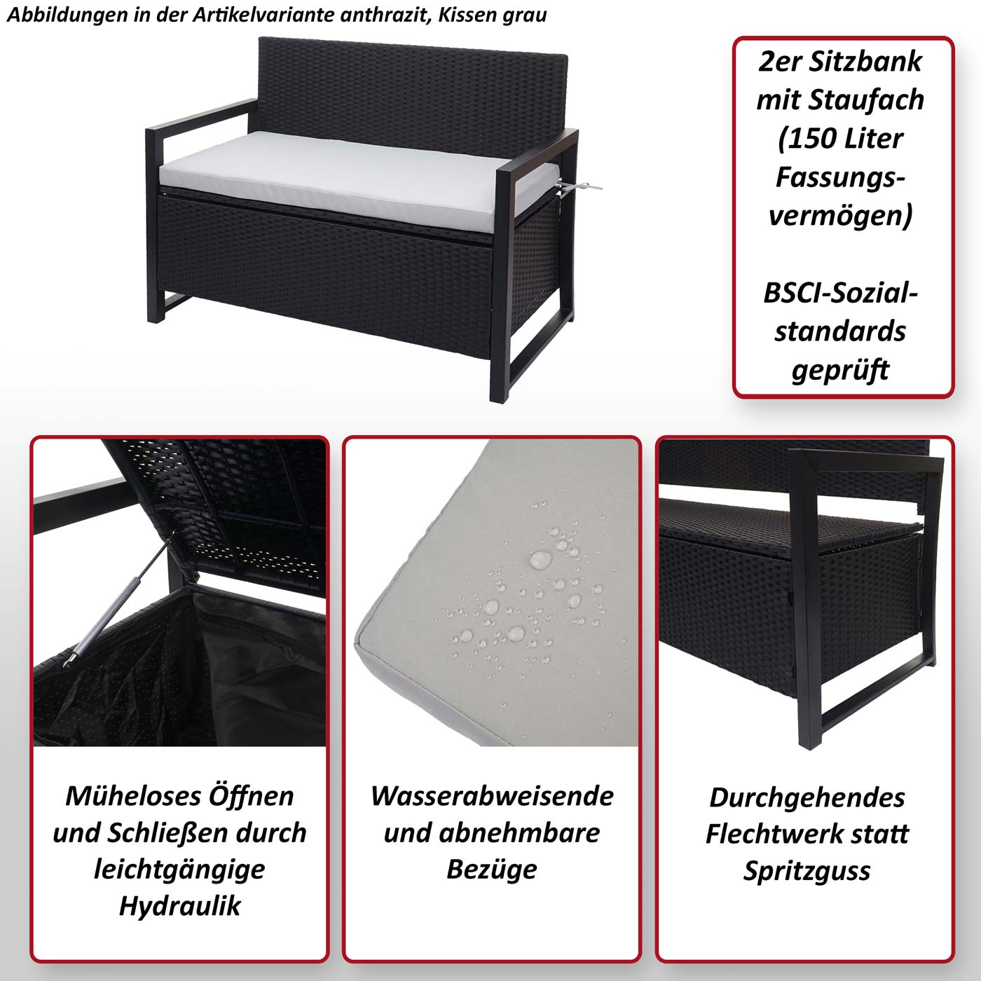 Poly-Rattan 2er Sitzbank HWC-F39 Funktionsbild