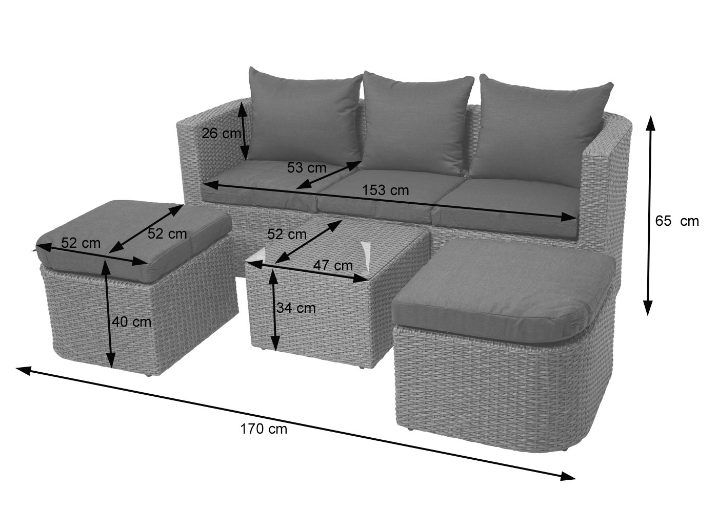 Poly-Rattan Garnitur HWC-J37 Bemassungsbild