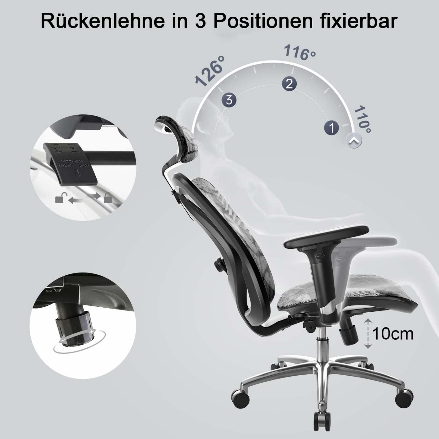 SIHOO Brostuhl Schreibtischstuhl Bullet-Bild Rckenlehne in 3 Positionen fixierbar