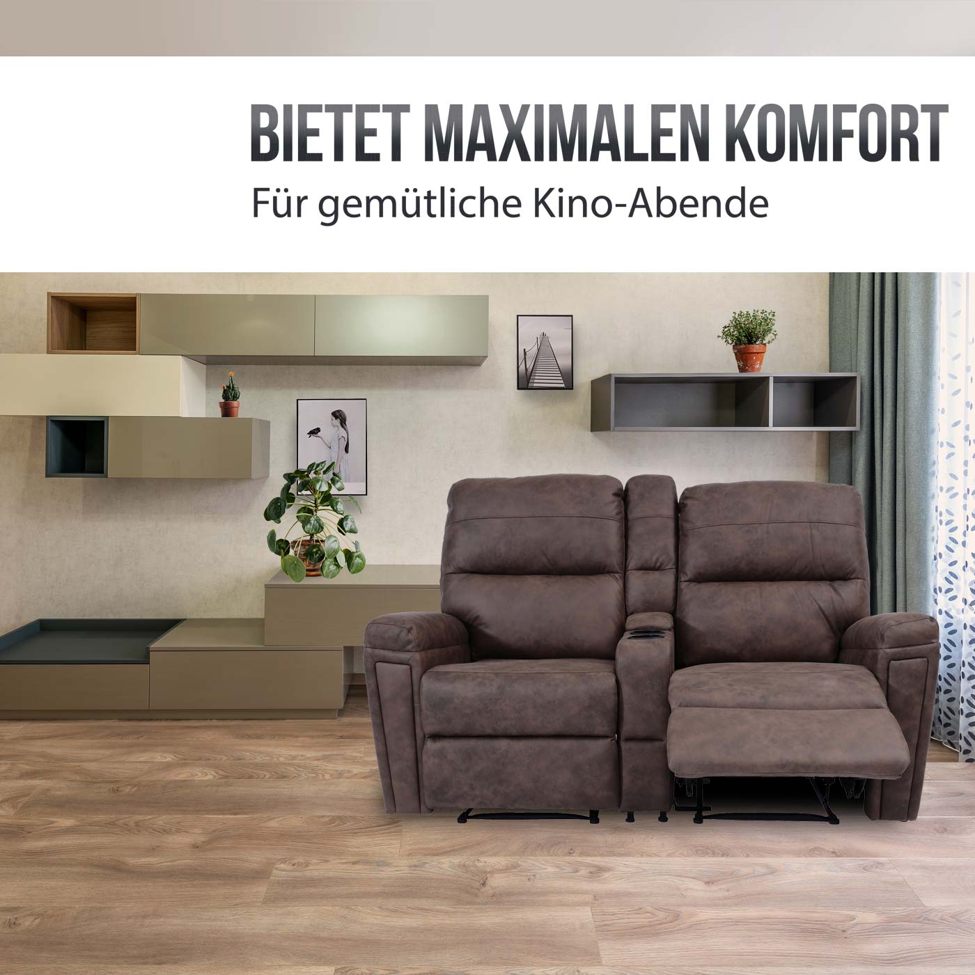 2er Kinosessel HWC-K17, Relaxsessel Fernsehsessel Sofa, Nosagfederung  Getränkehalter Fach ~ Stoff/Textil beige von Heute-Wohnen