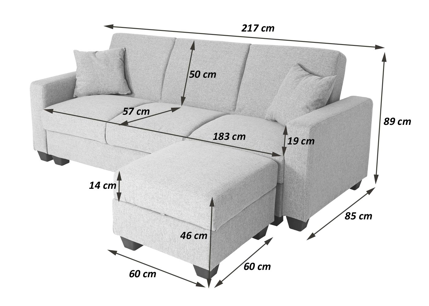 Sofa HWC-H47, Bemassungsbild