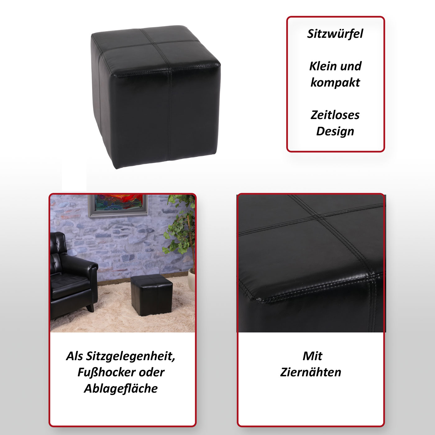 Sitzwürfel Hocker Sitzhocker Onex, Leder + Kunstleder, 36x36x36cm ~ schwarz  von Heute-Wohnen