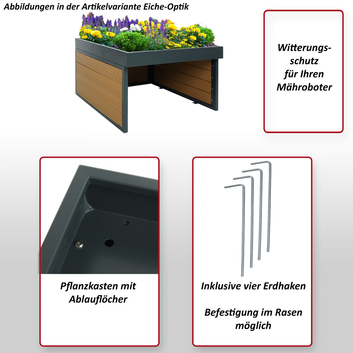 Mhroboter-Garage mit Pflanzkasten HWC-L45 Anwendungsbeispiel mit Bepflanzung