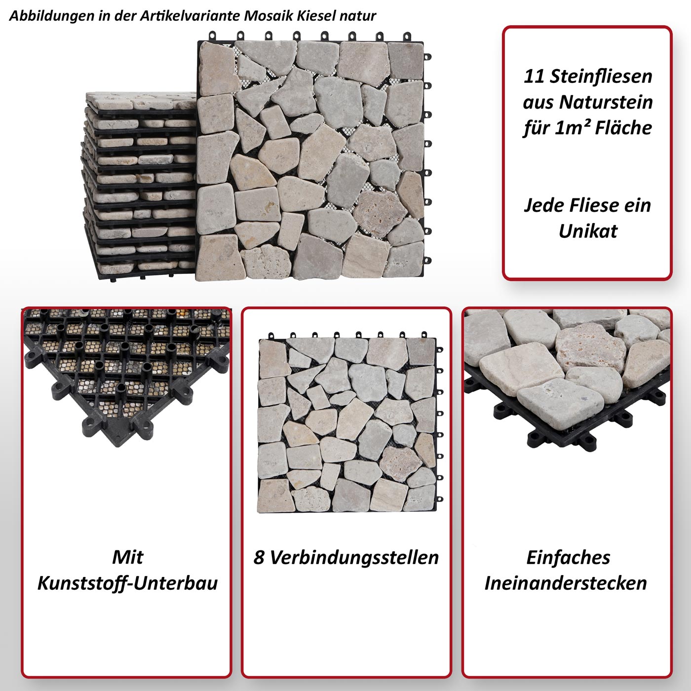 Steinfliese HWC-E18, Bodenfliese Steckfliese BalkonTerrasse Naturstein,  11x je 30x30cm = 1m² ~ Mosaik Kiesel grau von Heute-Wohnen