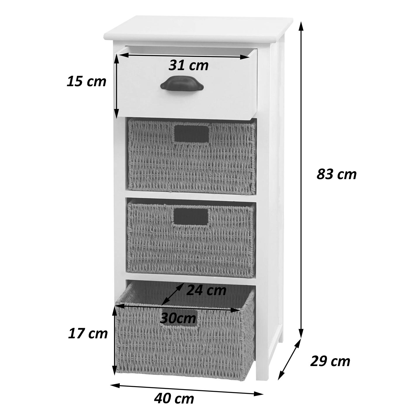 Kommode mit Körben HWC-K84 Bemassung