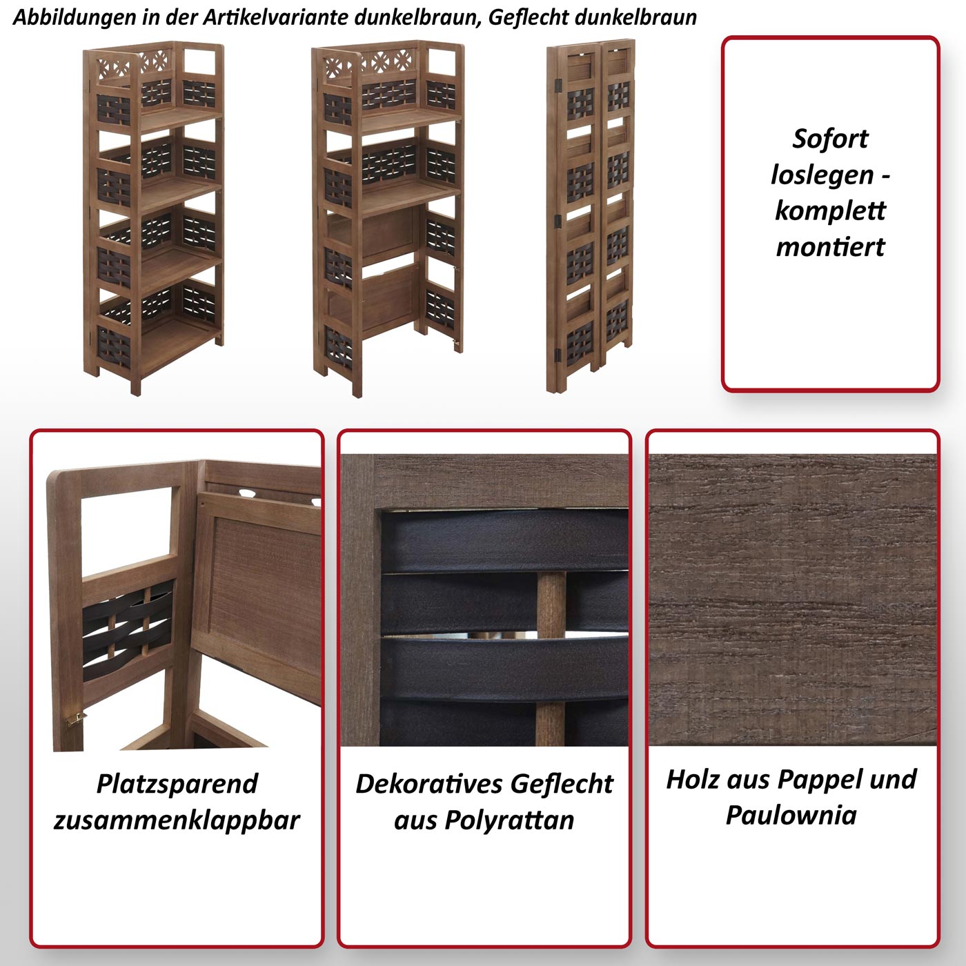 Holz Standregal 4 ~ Regal Heute-Wohnen braun HWC-K86, von Ablagen, braun, Wohnregal, klappbar Geflecht 110cm