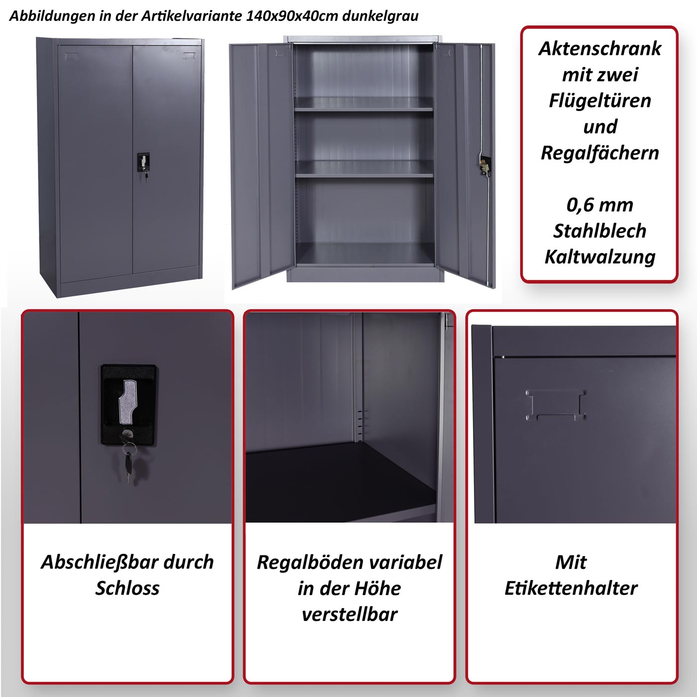 Metall HWC-H17, Büroschrank Heute-Wohnen von Türen 2 ~ Stahlschrank 185x90x40cm abschließbar Schrank, Aktenschrank weiß