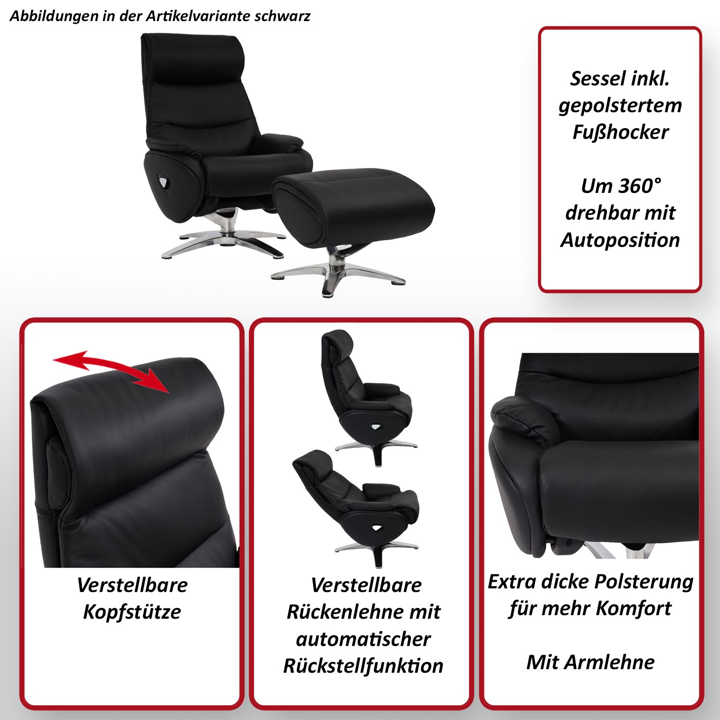 Relaxsessel mit Hocker HWC-K98, Fernsehsessel Sessel, Liegefunktion  drehbar, Metall Echtleder/Kunstleder ~ blau von Heute-Wohnen