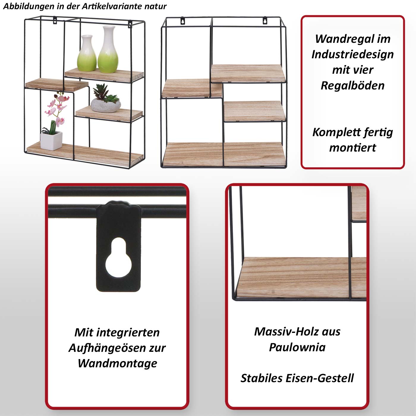 Wandregal HWC-K76, Hängeregal Schweberegal Regal, 4 Regalböden Metall  Massiv-Holz Industrial 51x40x11cm ~ natur von Heute-Wohnen