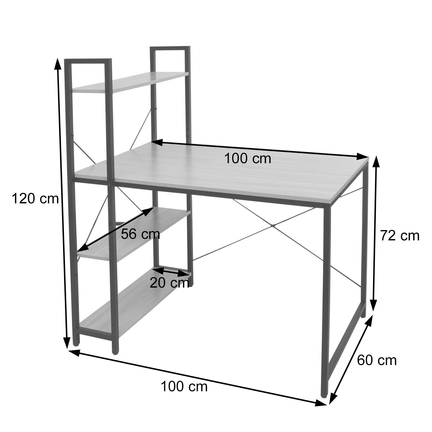 Schreibtisch mit Regal HWC-K81 Bemassungsbild