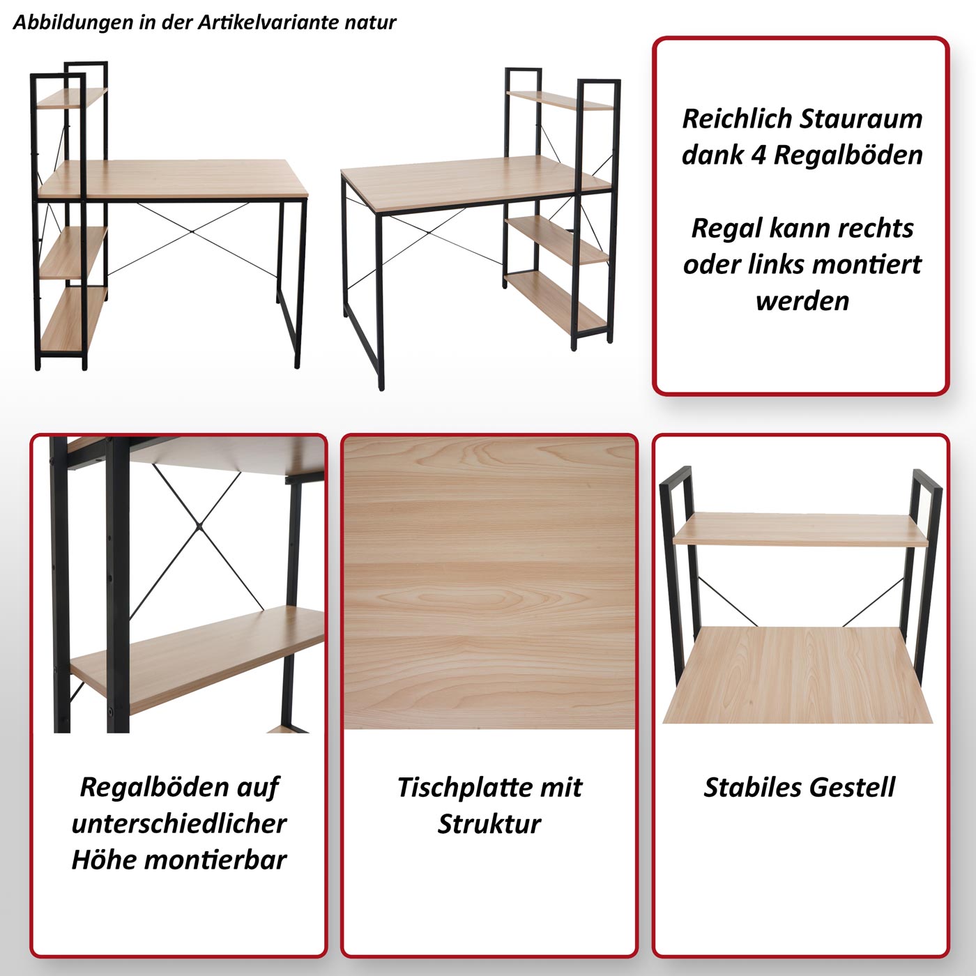 Schreibtisch mit Regal HWC-K81 Funktionsbild